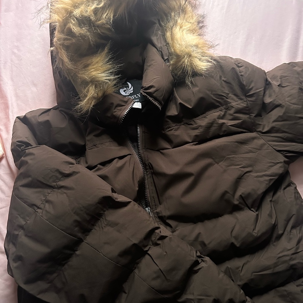 Women's Brown Puffer Jacket with Faux Fur Hood